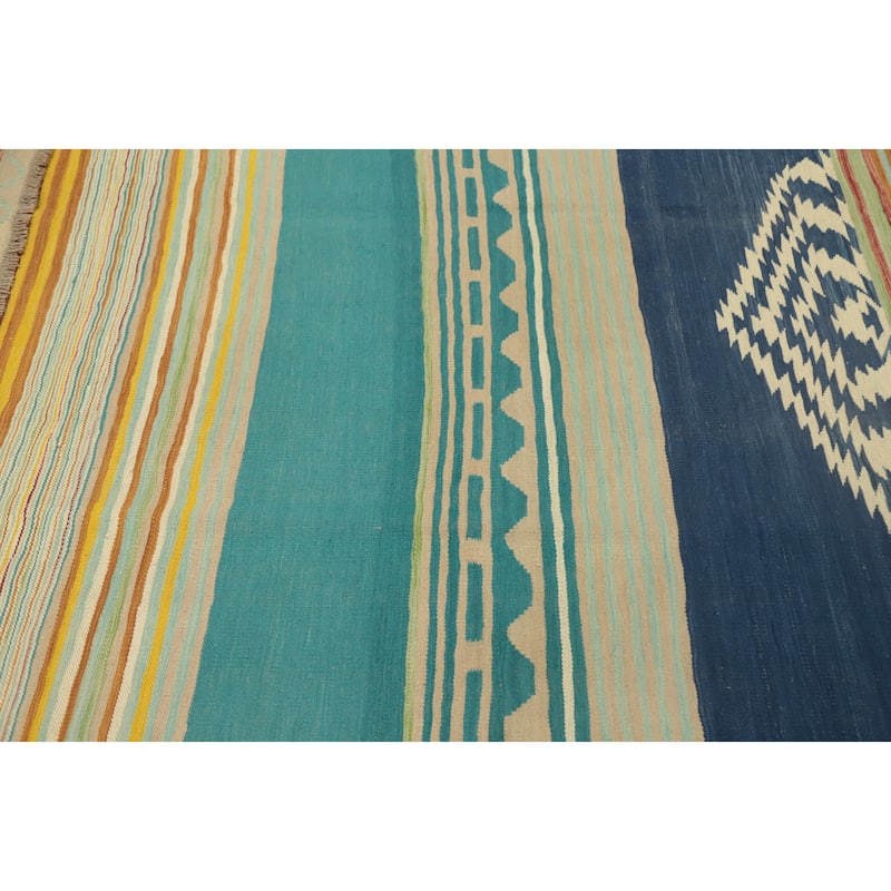 Hand Woven Oriental 100% Wool Carpet Southwestern Tribal Multi-Colored Kilim Area Rug - 9' 11'' X 8' 1''