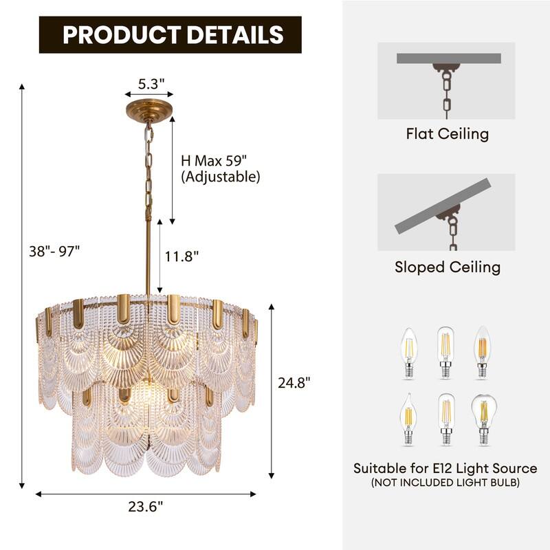 20 in. Gold Modern Glass Chandelier 5-Light Glam Dimmable Pendant Light Fixture for Dining Room