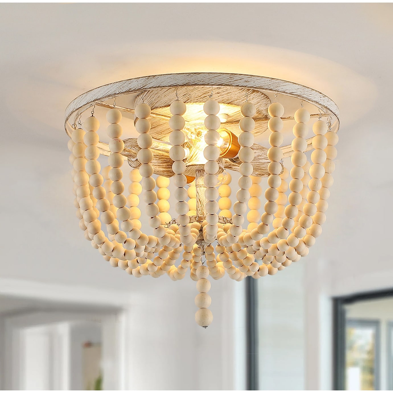 2-Lights Wood Color Round Shape With Wood Beeds Flush Mount
