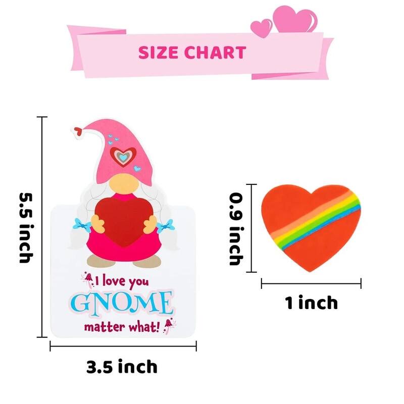 28 Packs Gnomes Heart Kids Valentines Cards with Erasers for Kids' Valentine's Classroom Exchanges and Party Favors. - Multi