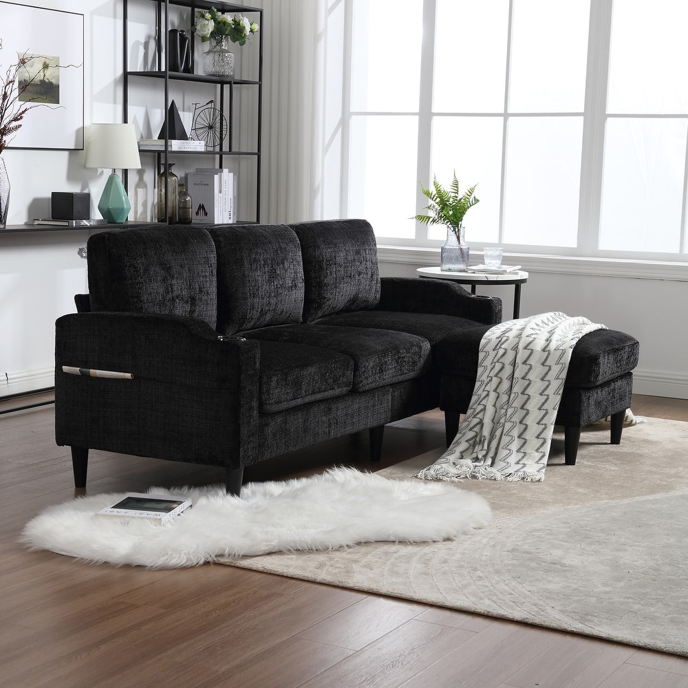 HOMEFUN Chenille Upholstered L-Shaped Living Room Sofa with Storage Ottoman