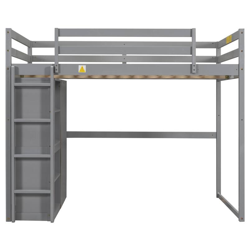 Wood Full Size Loft Bed with Built-in Wardrobe and Storage Shelves, Led light