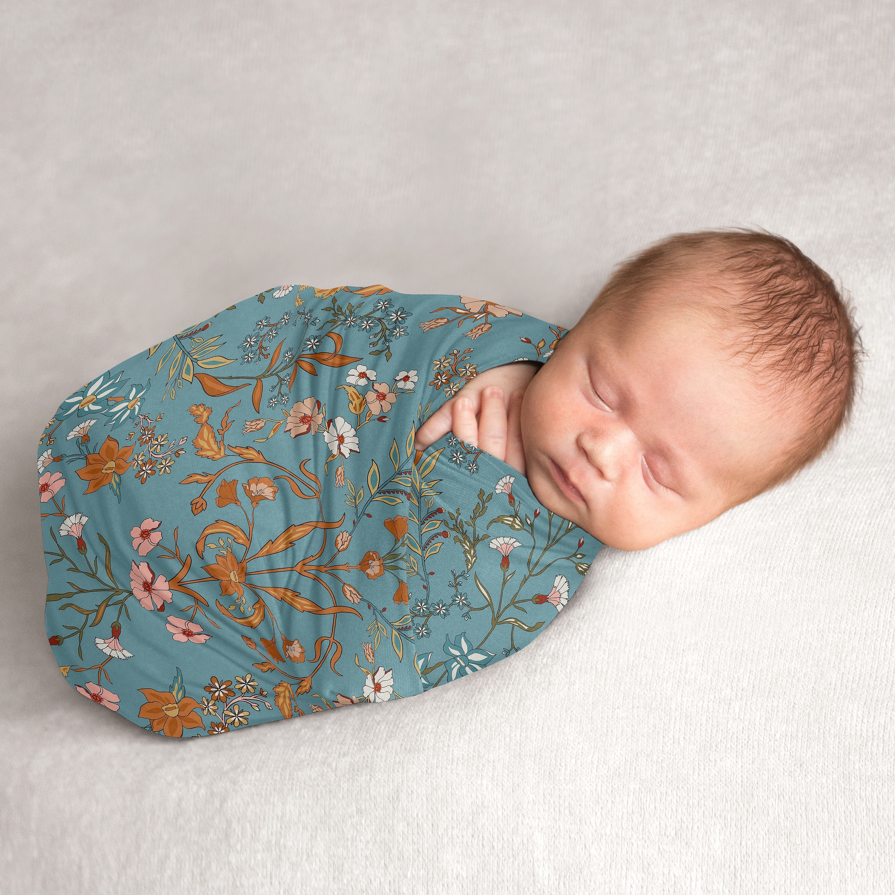 Sweet Jojo Designs Boho Wildflower Vintage Floral Girl Baby Swaddle Receiving Blanket Blue Orange Leaves Paisley Flower Bohemian