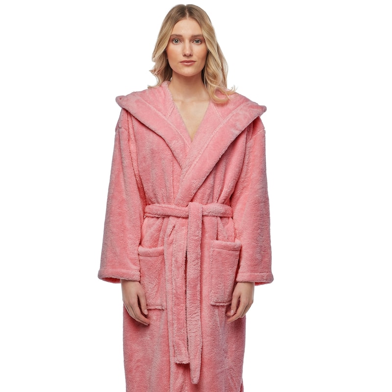 Women's Hooded Premium Fleece Full Length Bathrobe Soft Plush Robe