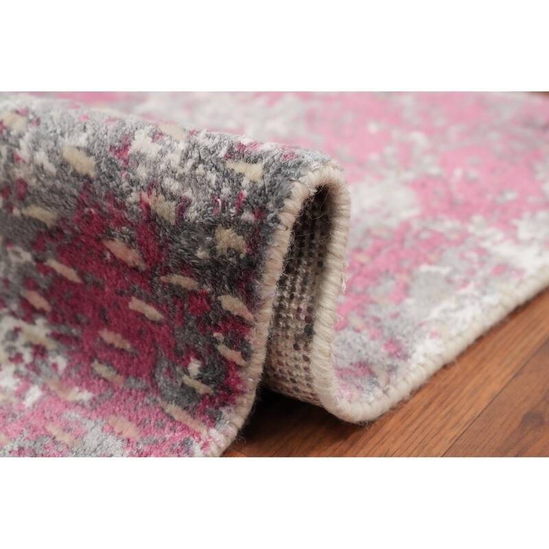 Hand Knotted Oriental Viscose Silk Carpet Modern All-Over Pink Abstract Area Rug - 3' 0'' X 2' 0''