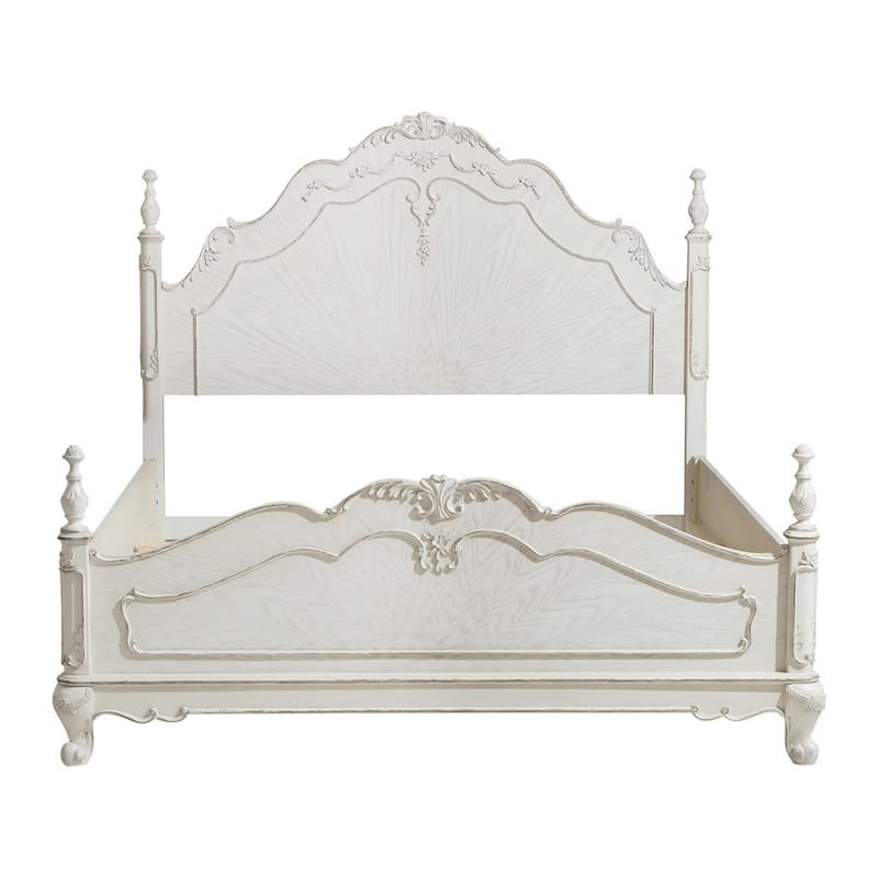 Princess Full Size Bed, Floral Motif Carvings, Finial Accents Antique White