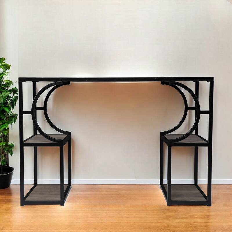 Tyberton Gray and Black Writing Desk with Storage 4 Open Shelves, Modern Pedestal Base, MDF Construction