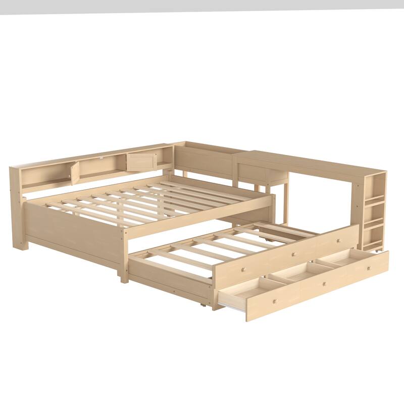 Full/Twin Daybed with Trundle & Storage Drawers - Wood Frame with Side Shelves and Desk