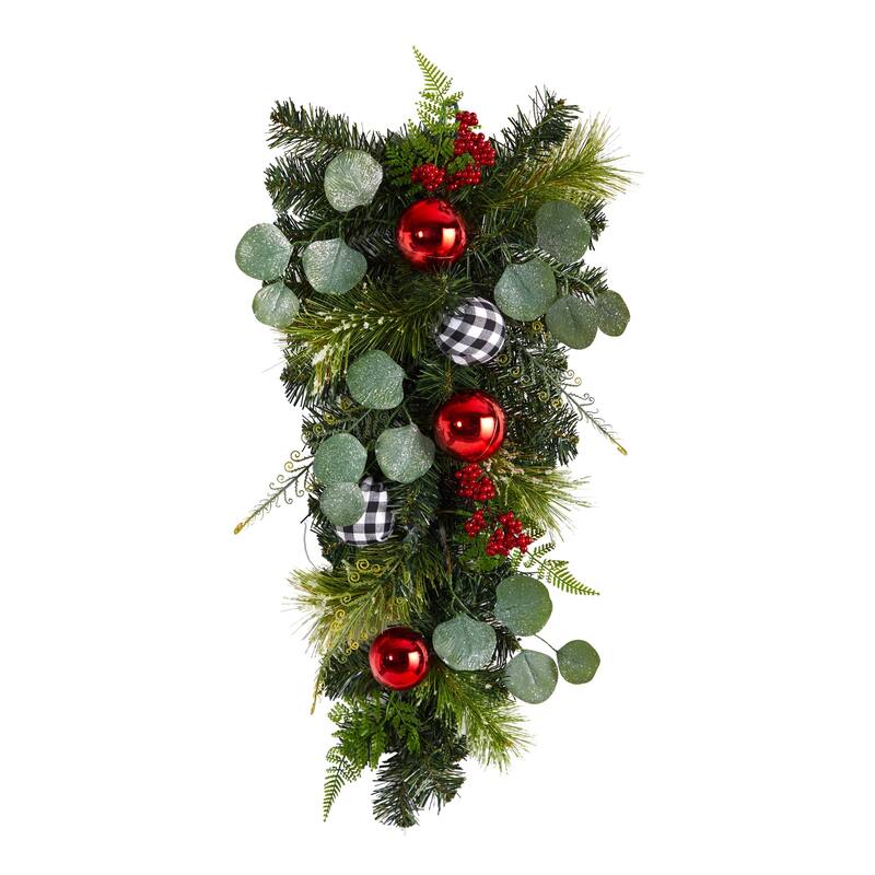 26” Berries and Ornament Artificial Christmas Teardrop Swag, Unlit - Green