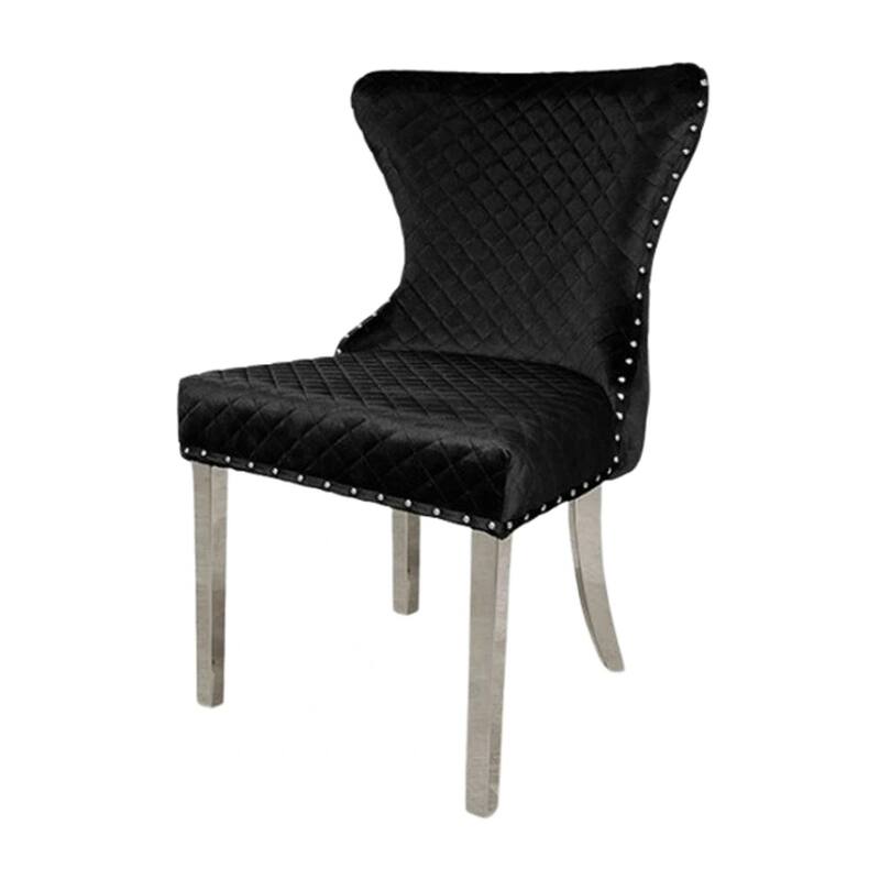 Anova Side Dining Chair Set of 2, Rivet Trim, Silver Stainless Steel, Black Fabric