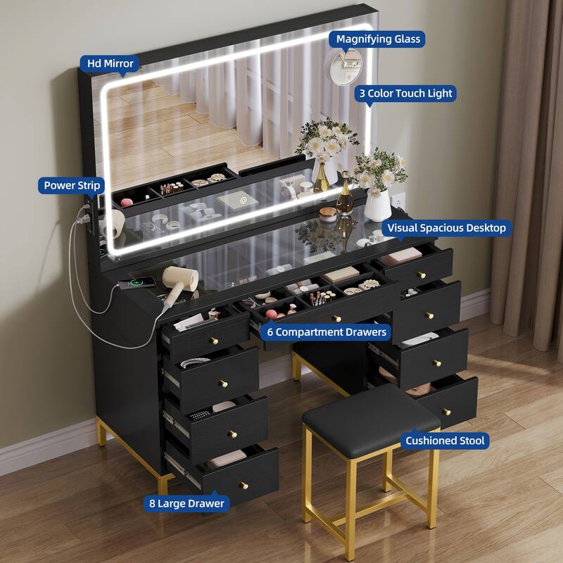 Moasis 9-Drawer Makeup Vanity Set with Stool and Mirror, Glass Top Vanity Desk with LED Lights