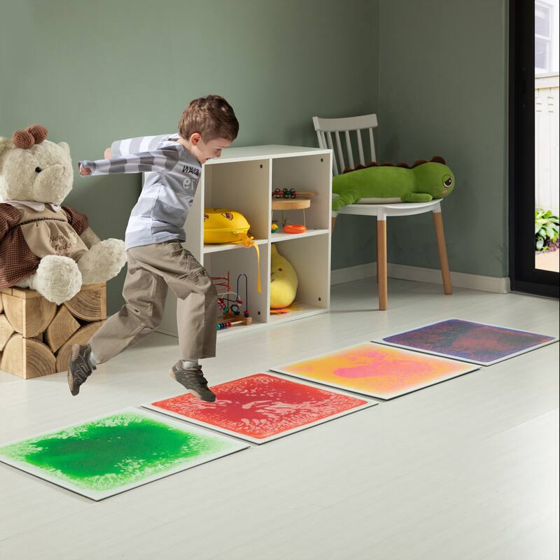 Sensory Liquid Gel Floor Square Tiles, 19.5 x 19.5 Inch Red Orange White Green Pink Purple Yellow Blue Kids Floor Mat, 4 Pack