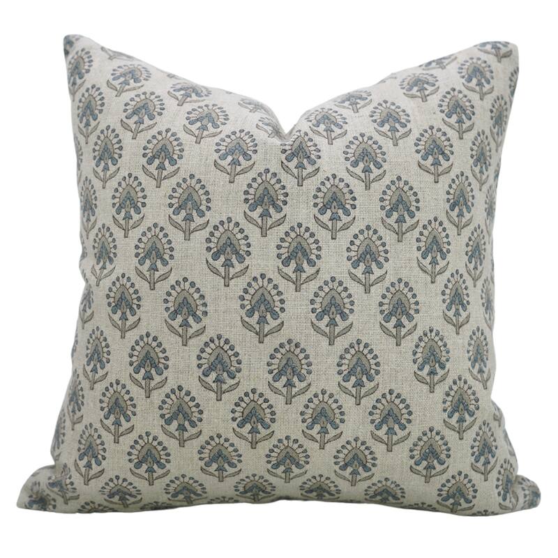 Fabdivine Handmade Accent Blue Heavy Linen Pillow Cover for Living Room or Couch Fall Decor Block Print Cushioncase, Garud - Pillow Covers - Gurukul- Blue, Grey - 12" x 20"