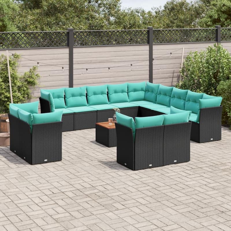 vidaXL 14 Piece Patio Sofa Set with Cushions Black Poly Rattan - 113.8x33.5x113.8