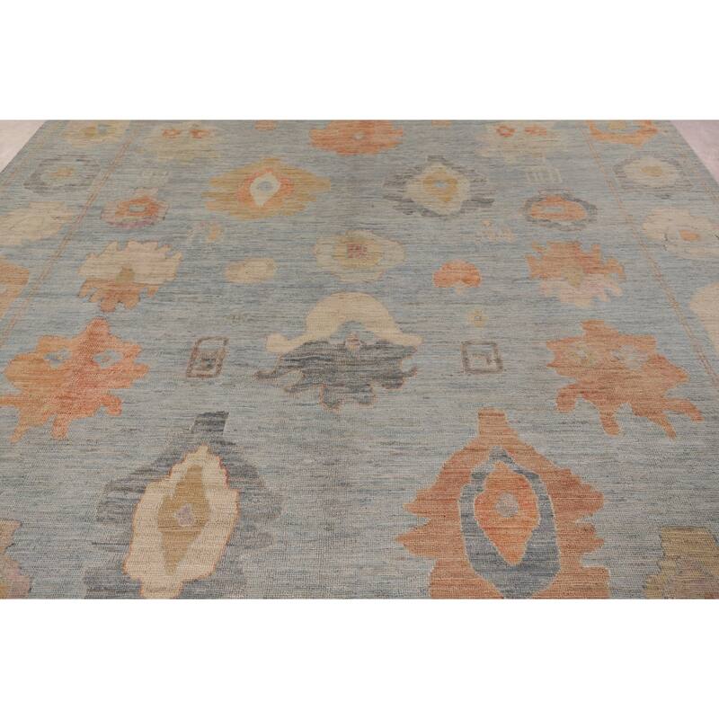 Vegetable Dye Blue Oushak Turkish Area Rug Handmade Wool Carpet - 9'4" x 11'10"
