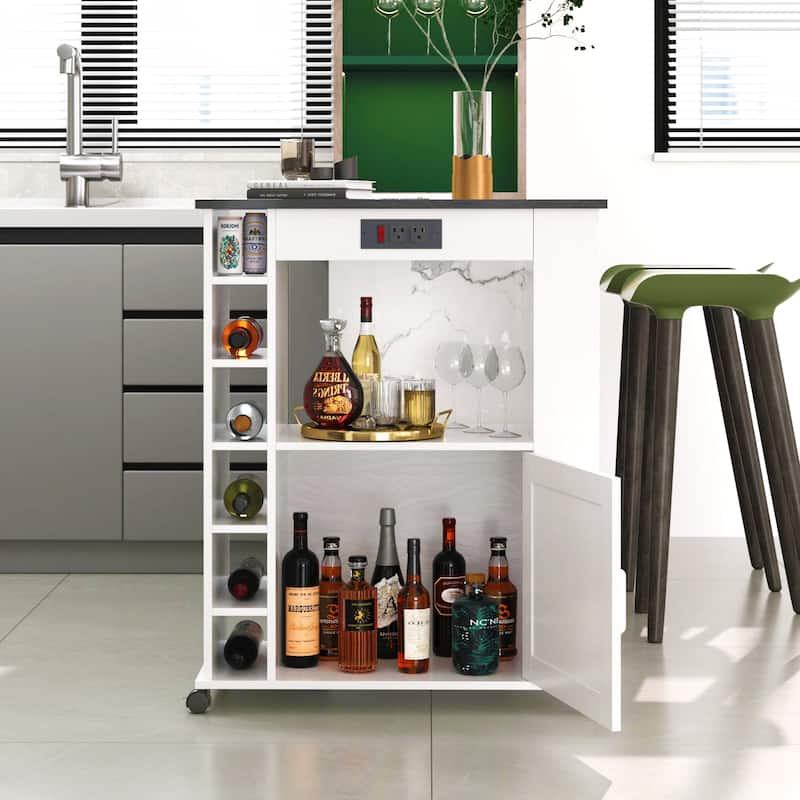 VECELO Kitchen Cart with Wheels and Charging Station,35.4'Kitchen Island Cart Wine Rack Bar Table, Bar Cabinet
