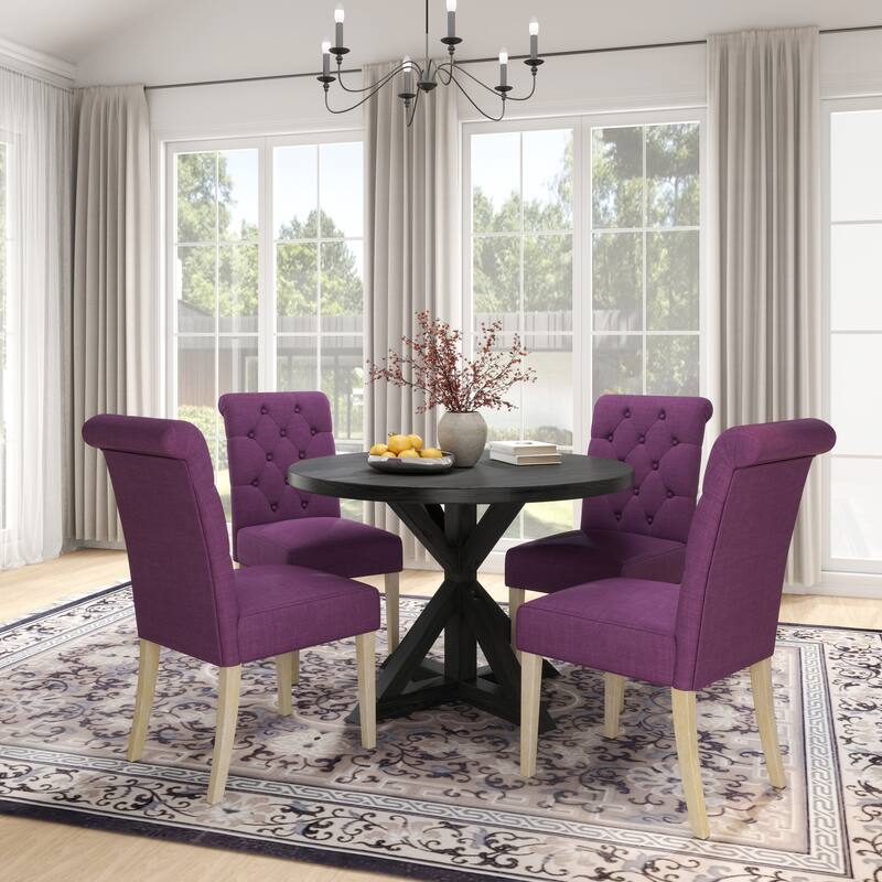 5 Piece Retro Round Dining Table Set with Cross-Buck Table Leg and 4 Upholstered Tufted Chairs, for Kitchen, Dining Room - Black,Purple
