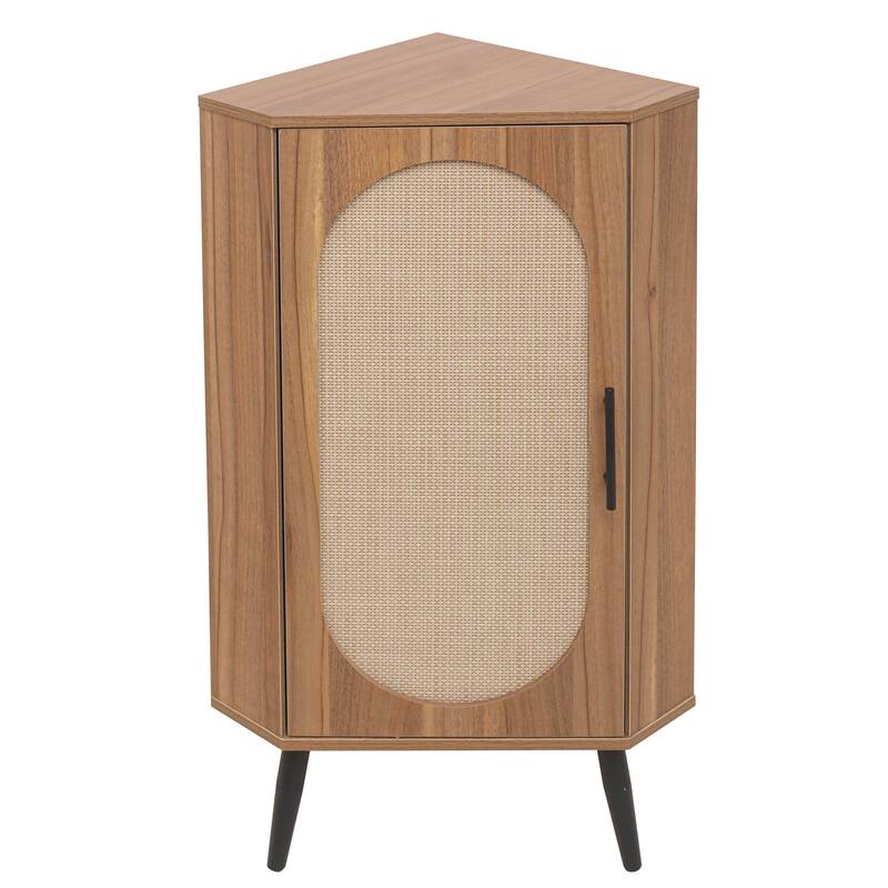 Freestanding Corner Cabinet with Rattan Door