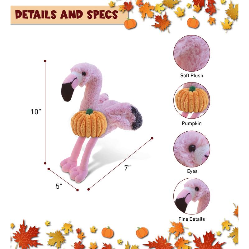DolliBu Soft Pink Flamingo Stuffed Animal with Pumpkin Plush Decor - 10 inches