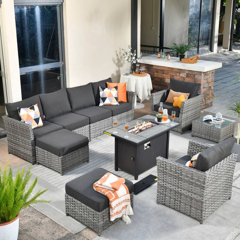 XIZZI 10-piece Patio Furniture Outdoor Sectional Sofa Set with Fire Pit - Black