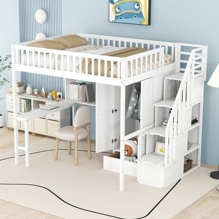Full Size Wood Loft Bed with Bookshelf, Stairs Drawers, Desk and Wardrobe with Top Bunk with Full Length High Guardrails