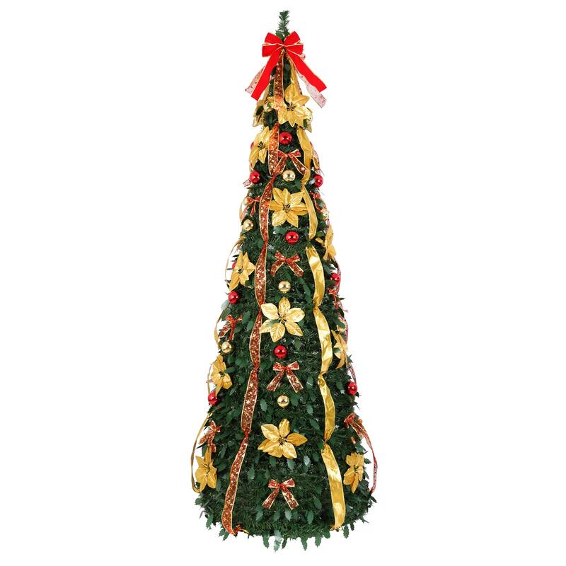 6FT/7FT Pre-Lit Artificial Christmas Tree with Ornaments - 7 Foot - Green/Red bow-7ft