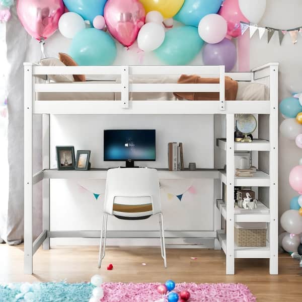 slide 2 of 9, Modern Full Size Loft Bed With Shelves And Under-bed Desk,Stable Guardrails for Bedroom White