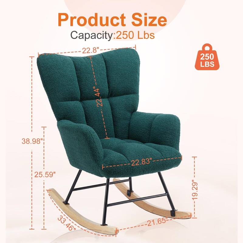 Living Room Ergonomic Teddy Fabric Rocking Chair Nursing Accent Reading Recliner with Soft Glider - 33.66"D x 28.35"W x 38.58"H