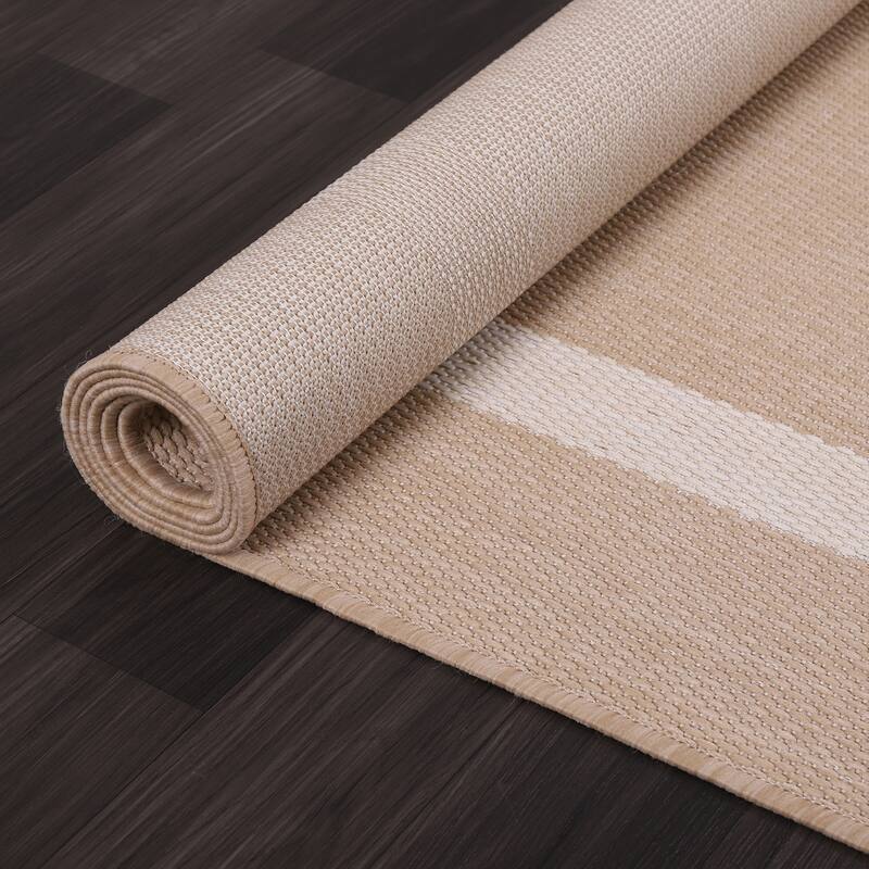 Beverly Rug Bordered Indoor Outdoor Rug, Outside Carpet for Patio, Deck, Porch - Beige