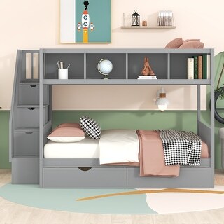 Elegant Twin over Full Bunk Bed with Shelfs, Storage Staircase and 2 Drawers