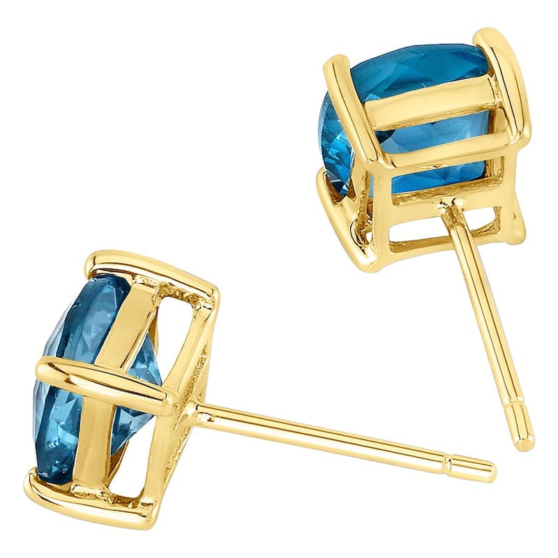 14k Yellow Gold London Blue Topaz Stud Earrings 2.21 ct Cushion Shape