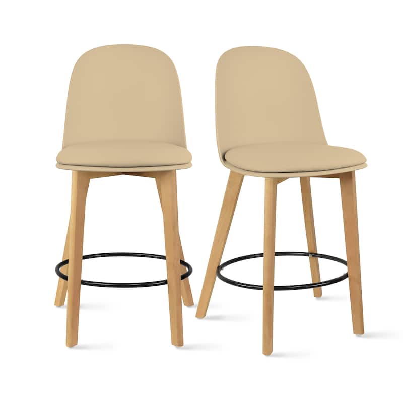 Set of 2 Designer Eiffel Chairs Counter Stools With Backs Side Molded Shell Kitchen Office Dining Dowel Bar Patio - Cushion_Beige