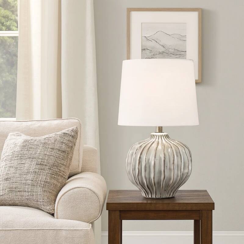 Riz Accent Table Lamp, 20 Inch Ceramic Glaze Gray Silver, White Linen