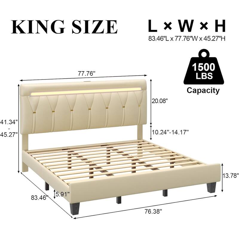 Platform Upholstered Bed Frame with LED Light and Charging Station Adjustable Headboard Wooden Slat Support No Box Spring Needed