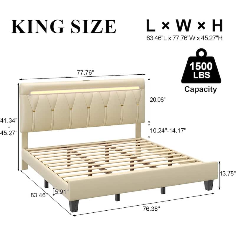 Upholstered Platform Bed with Adjustable Headboard, Bed Frame with LED Lights & Charging Station, Noise-Free Wood Slats,Beige