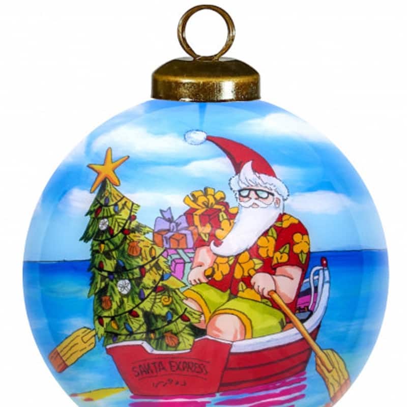 Rowing Santa Express Hand Painted Mouth Blown Glass Ornament - 3" x 3" x 3"