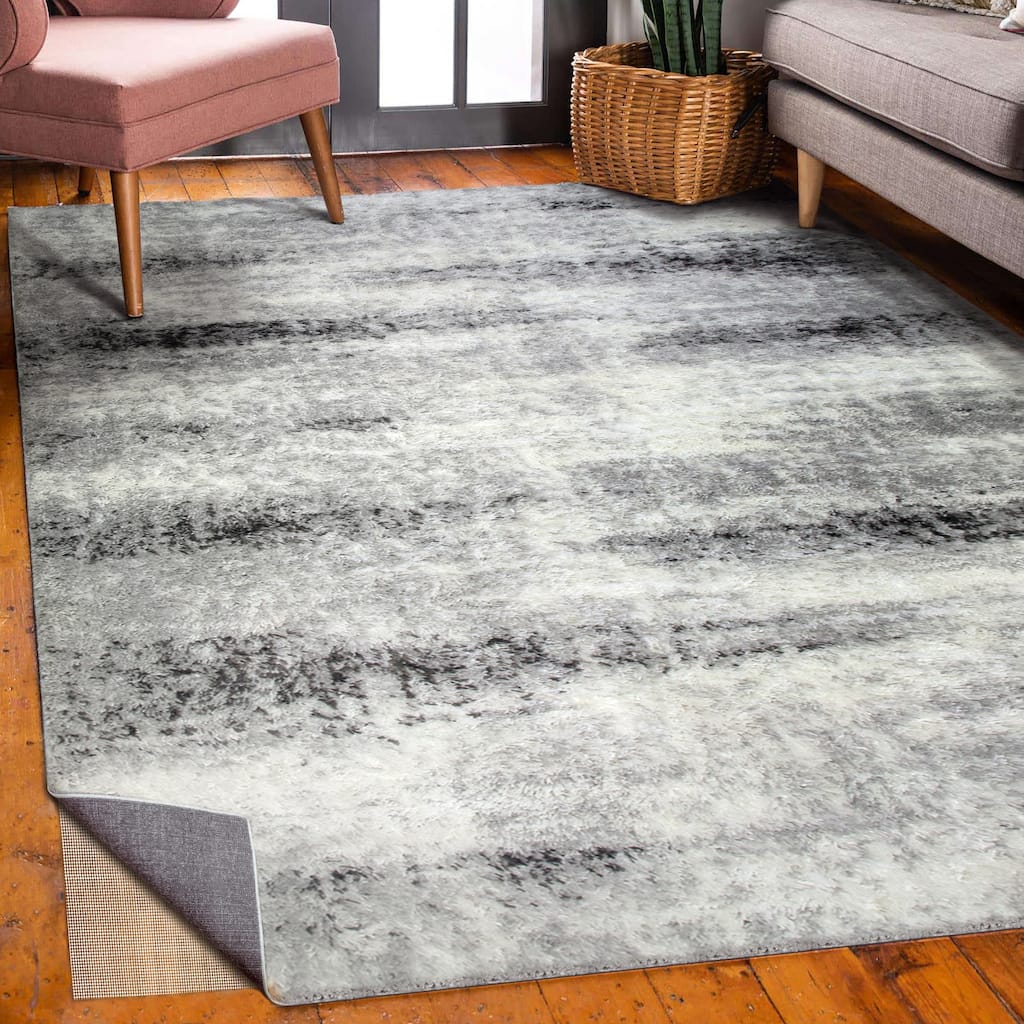Leick Home Zielle Grey Area Rug Soft Shag in Painterly Modern with Rug Pad