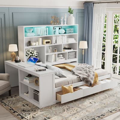 Modern Storage Bed Frame with 3 Drawers, All-in-One Bookshelf, Desk, Full Size Daybed with Wood Slats Support for Bedroom