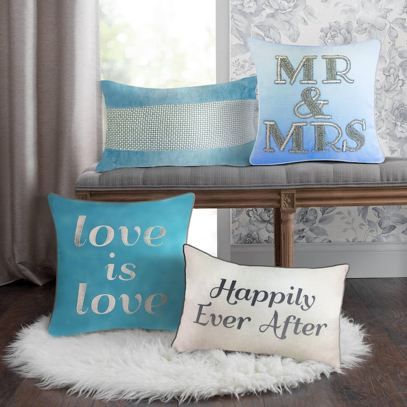 Edie At Home Celebrations Embroidered "Happily Ever After" Decorative Pillow, Cream/Grey