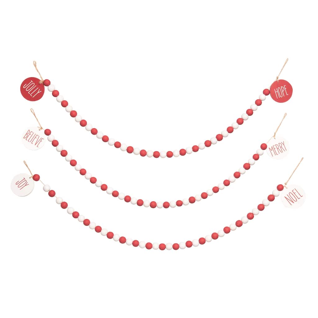 Transpac Wood Beaded Merry Garland Decor Set of 3 Christmas Home Decorations