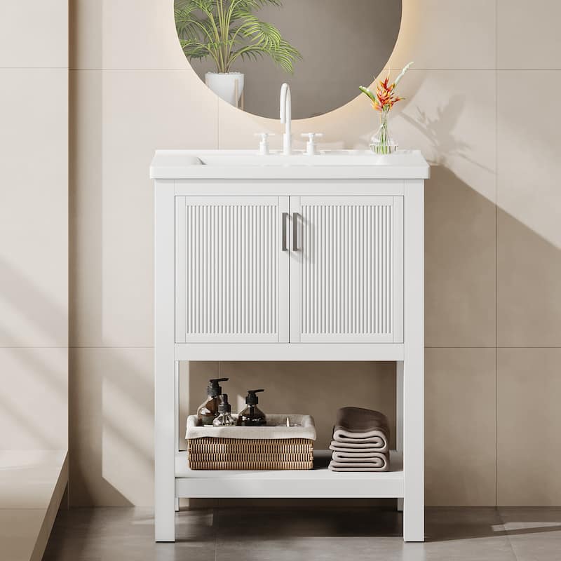 24" Single Bathroom Vanity with Ceramic Sink, Solid Rubberwood Frame & Open Storage Shelf - White