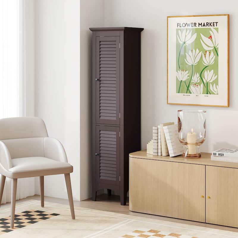 Costway Tall Bathroom Floor Cabinet Narrow Linen Tower with 2 Doors & - See Details