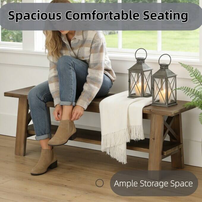 55" Solid Wood Entryway Shoe Bench, End of Bed Bench with Storage