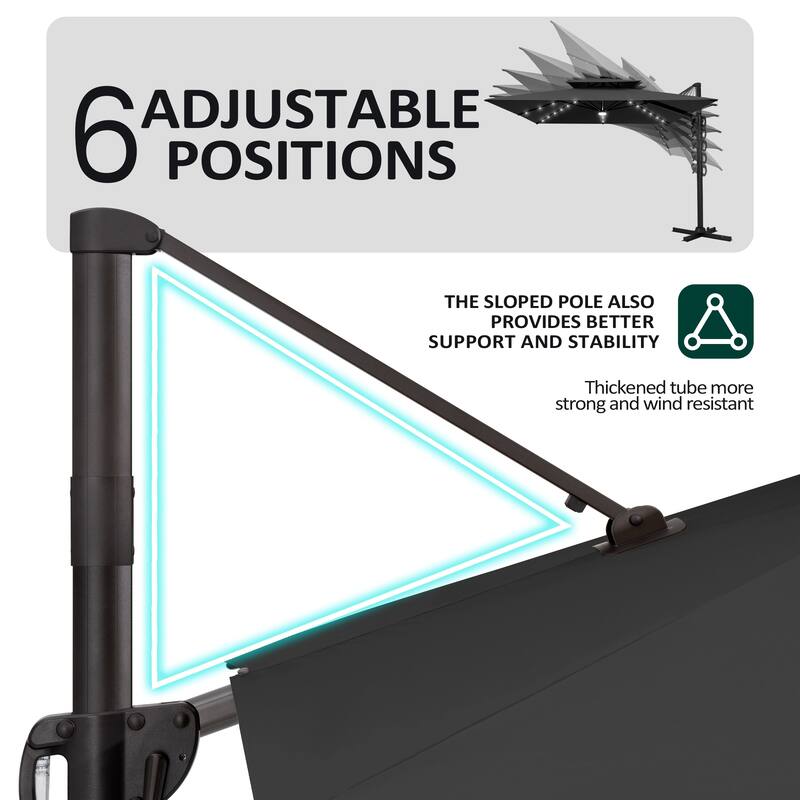 9 X 11 FT Outdoor Patio Cantilever Umbrella with Solar Lights Wheeled Base Double Canopy 360 Rotation Tilt