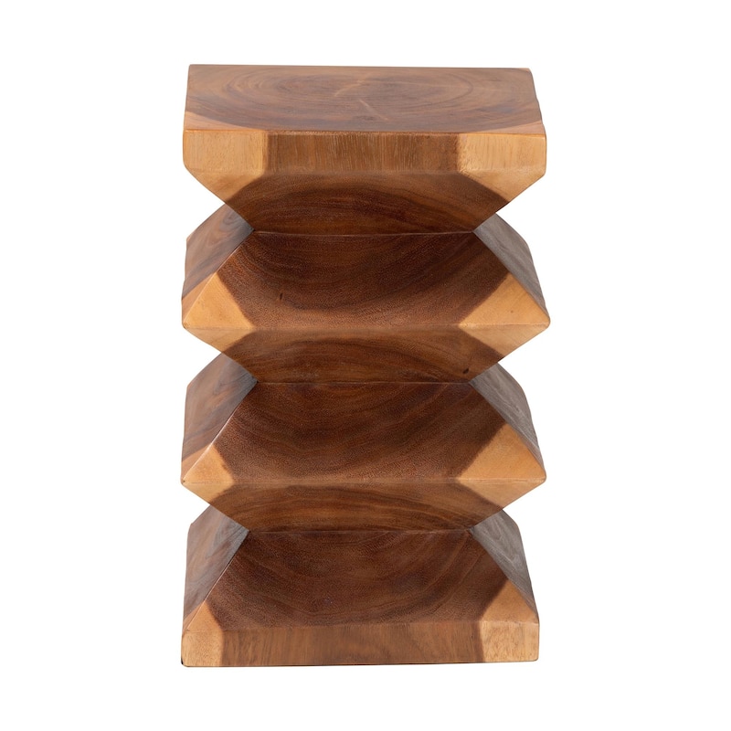 Malati Solid Suar Wood Side Table - Hand-Carved Sculptural End Table with Zigzag Design, Modern Boho Style
