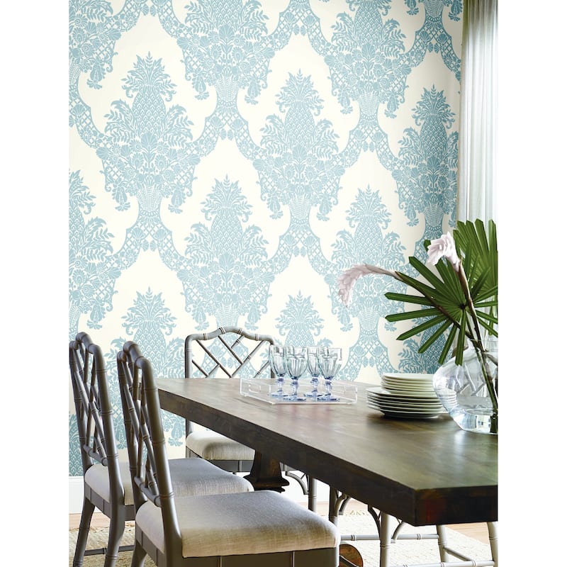 Franconville Periwinkle/White Sure Strip Prepasted Damask Pineapple Plantation Wallpaper Covers about 60.75 sq. ft.