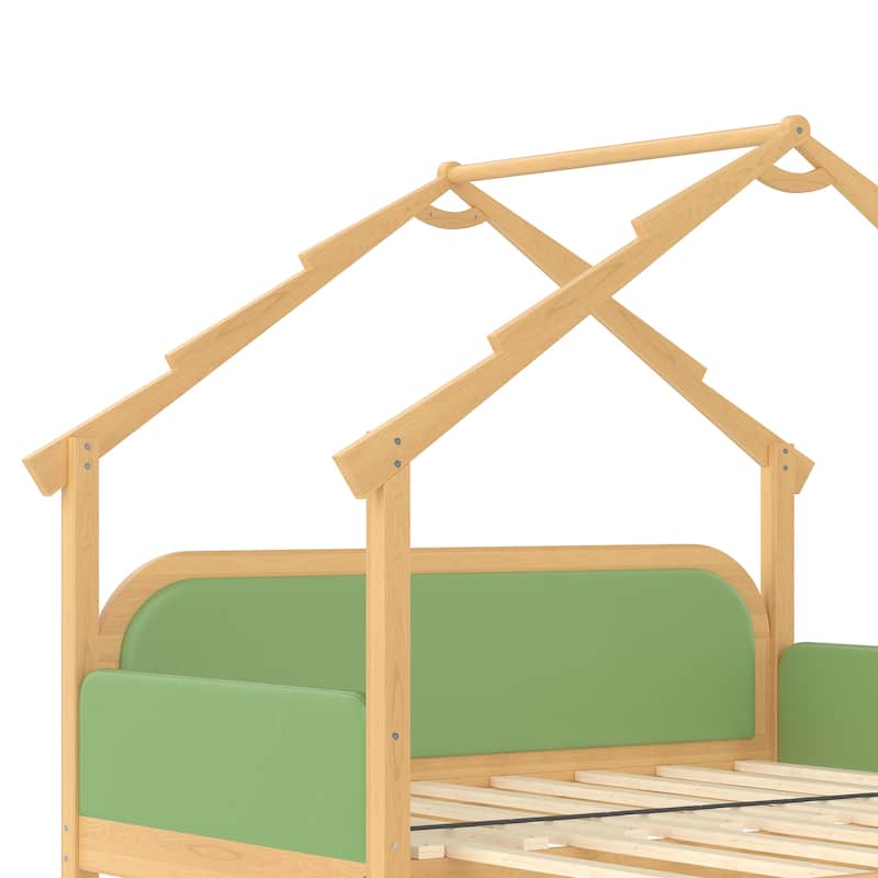 Children's Treehouse Bed Twin Size Solid Wood Kids Bed Frame Adjustable Platform Bed with Padded Safety Rails for Girls, Boys