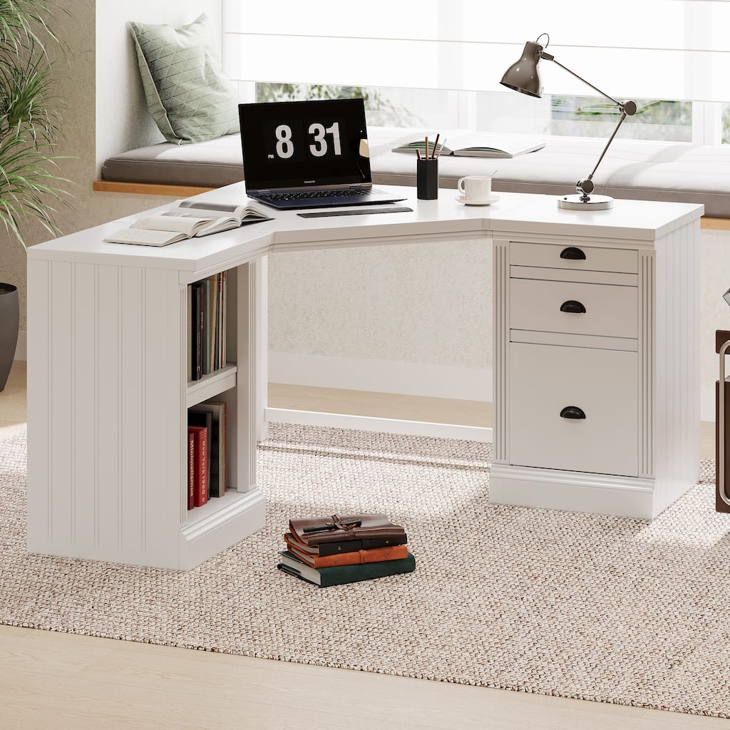 Modern L Shaped Executive Office Desk with 3 Drawers and Open Shelves for Home Office or Study Room Use