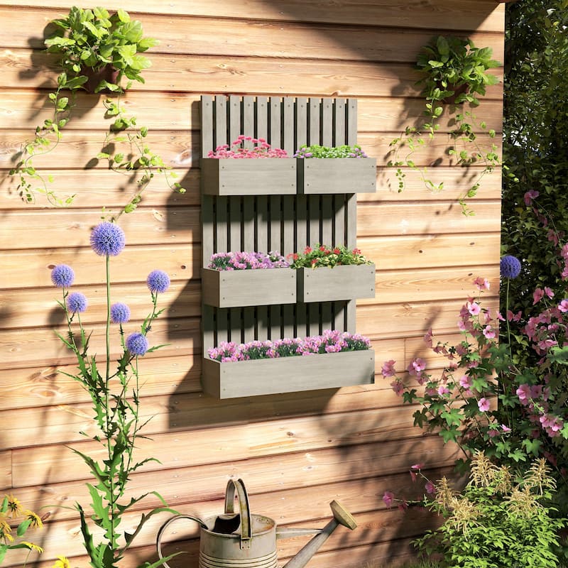 Outsunny Raised Garden Bed with Trellis for Vine Climbing Plants, Flowers, 39" Tall Wall-Mounted Wood Planter Box