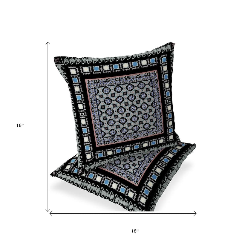 HomeRoots Set of Two 16" X 16" Black and Blue Blown Seam Floral Indoor Outdoor Throw Pillow - 16.00' X '16.00' X '5.00